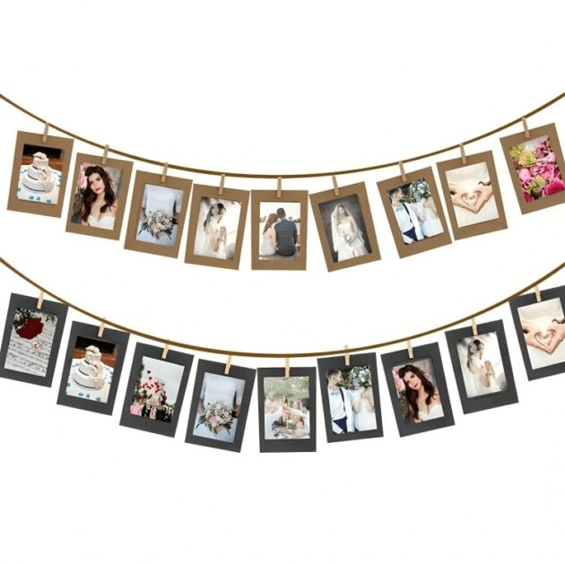 Black and brown paper photo frames with pictures hanging on strings with clips, perfect for home or event decor.