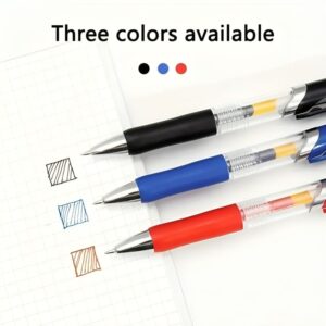 Three good gel pens in black, red, and blue with writing samples showcasing smooth ink.