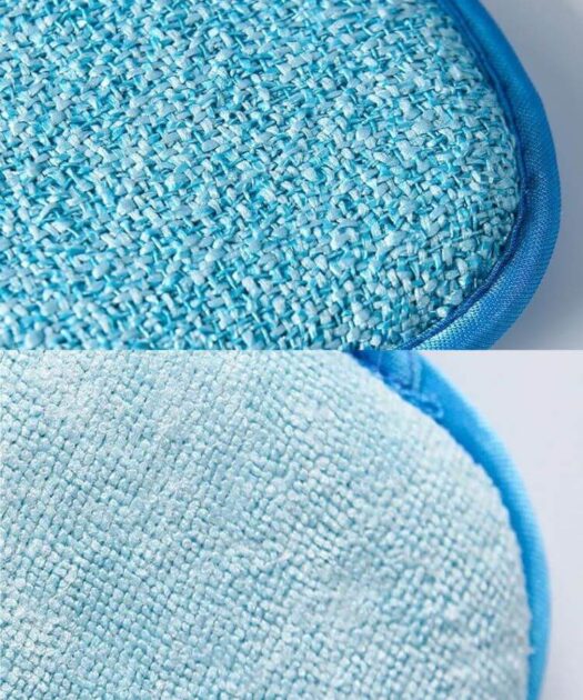 Reusable dish sponge with a textured surface that lifts food residue and grease from plates, cookware, and kitchen surfaces.