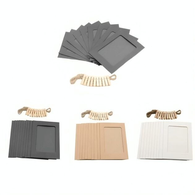 30 paper photo frames in black, white, and brown with clips and strings, ideal for DIY decoration and wall displays.