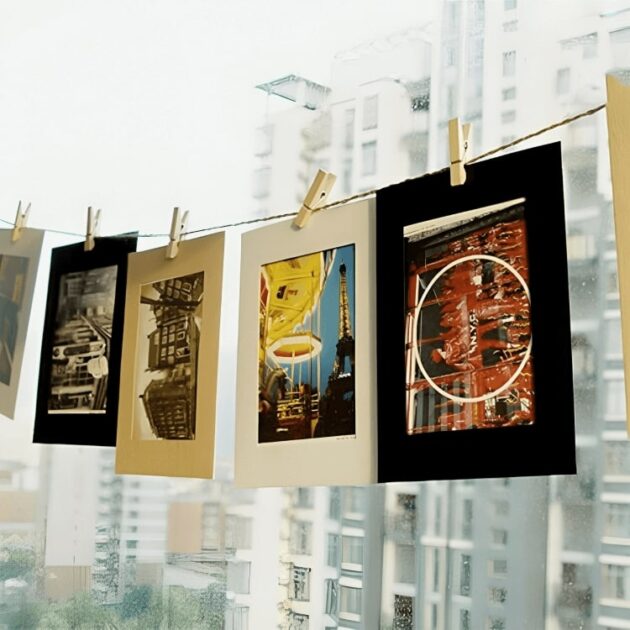 Paper picture frames with clips and photos hanging on a string, featuring a multi-story building in the background.
