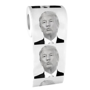 Hilarious Donald Trump toilet paper roll with a detailed print of his face on each sheet, perfect for pranks and laughs.