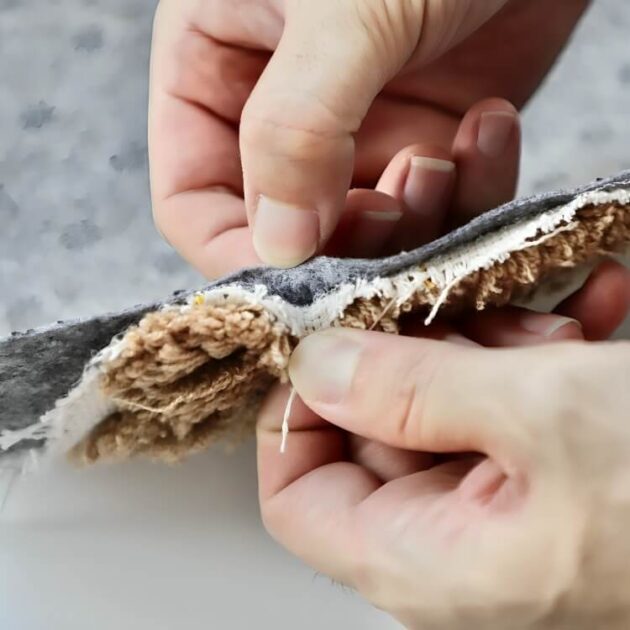 A woman presents two fabric pieces fused together using iron-on hem tape for no sew fabric bonding.