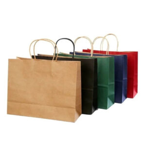 All five colored kraft paper gift bags standing together on a plain white background.