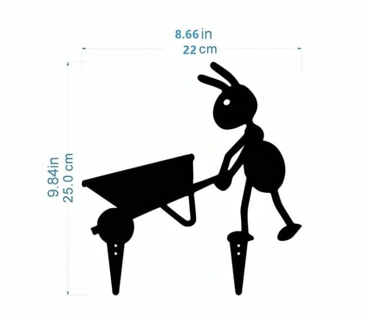 Metal ant garden decoration with a wheelbarrow shown with dimensions: height 25 cm, width 22 cm.