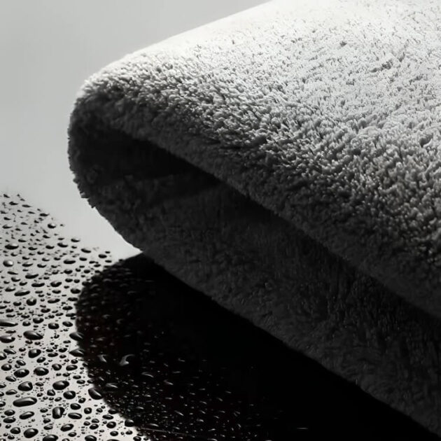 A folded towel lies beside a dry surface and a wet one, showing powerful drying results.
