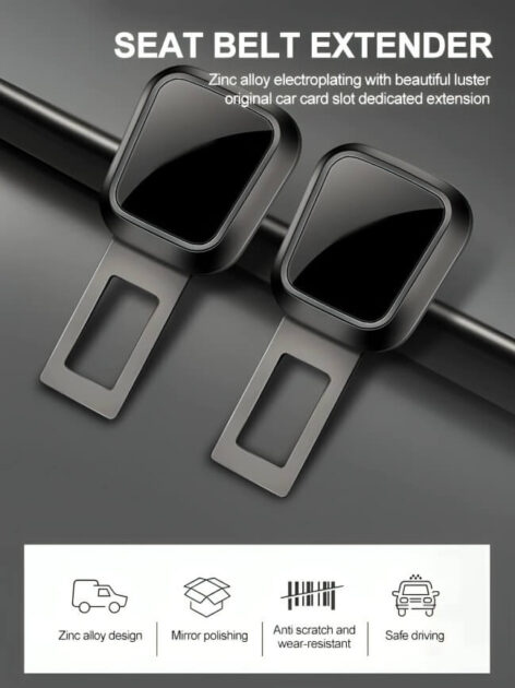 Zinc alloy seat belt extender with mirror-polished finish and scratch-resistant design.