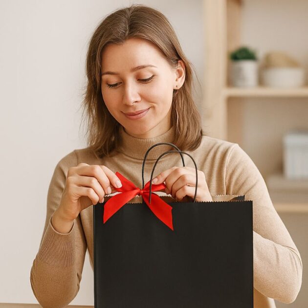5-woman-attaching-red-bow-to-black-kraft-paper-gift-bag-p451